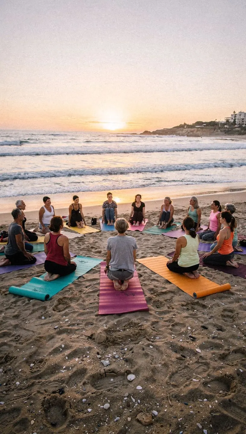 Grupo de personas practicando yoga en la playa, disfrutando de la brisa marina y el sonido de las olas.