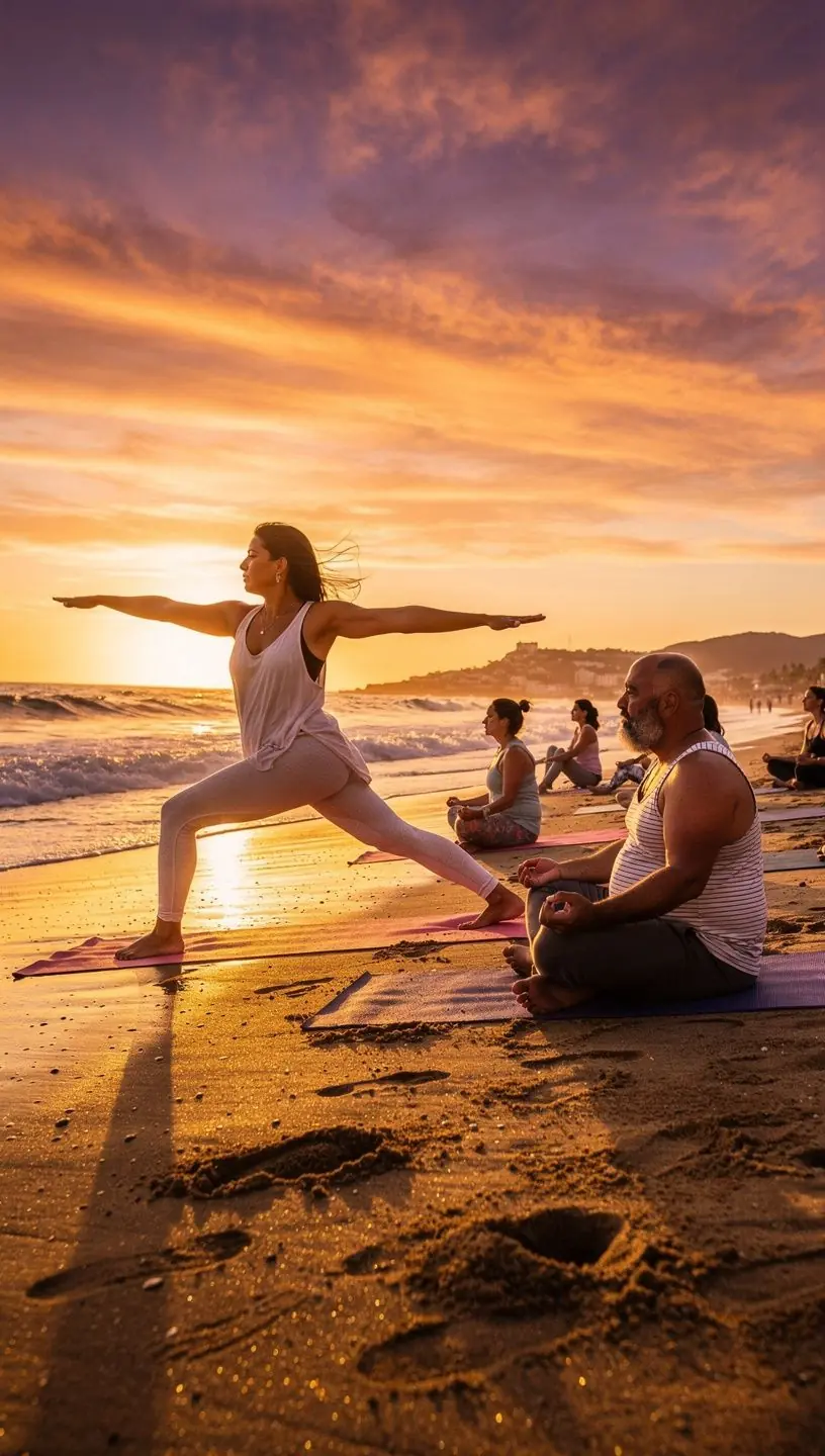 Clase de yoga al aire libre en un parque, con participantes realizando posturas rodeados de árboles y naturaleza.