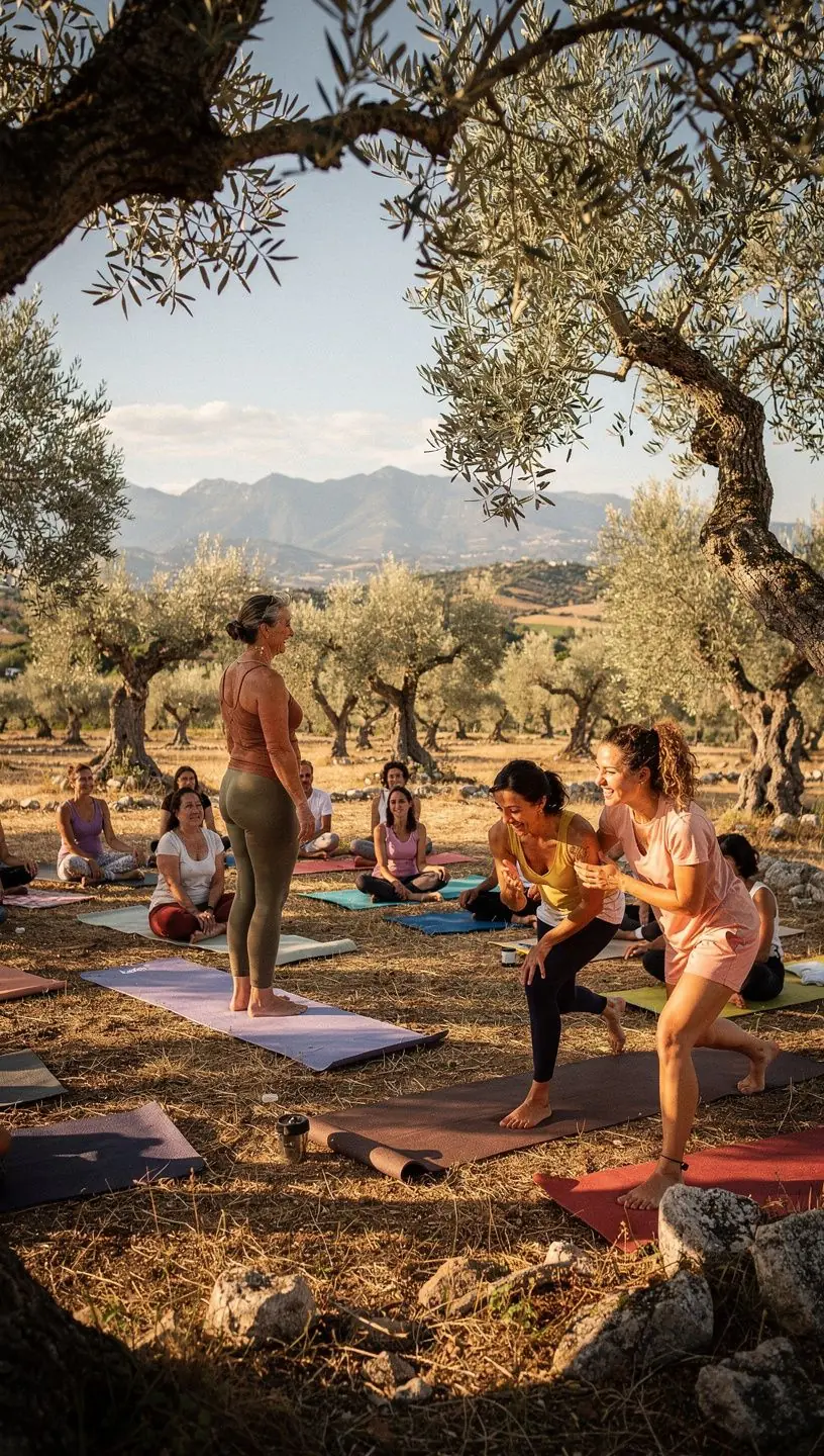 Clase de yoga en un jardín botánico con plantas exóticas alrededor.