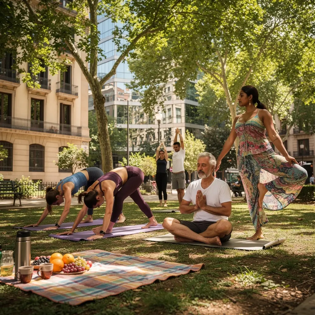 Grupo de amigos haciendo yoga en un picnic en el campo.