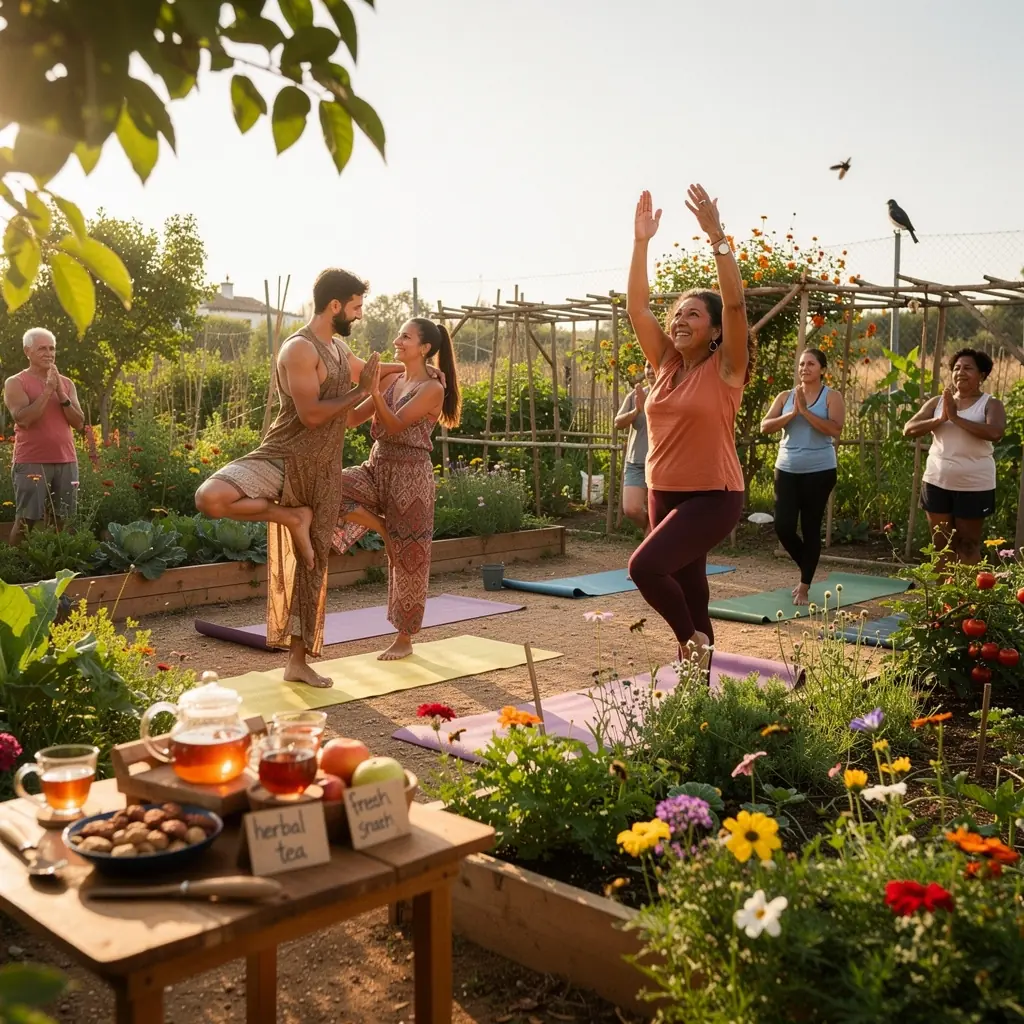Mujer realizando una postura de yoga en la orilla del río al amanecer.