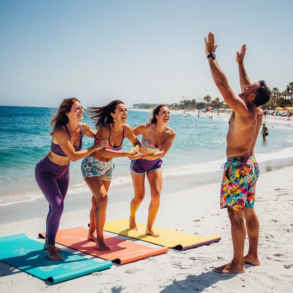 Clase de yoga en un jardín botánico con plantas exóticas alrededor.