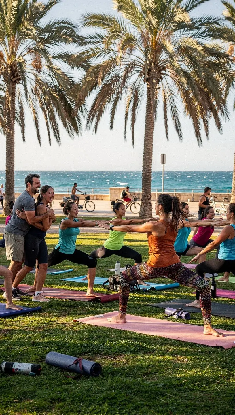 Clase de yoga en un jardín botánico con plantas exóticas alrededor.