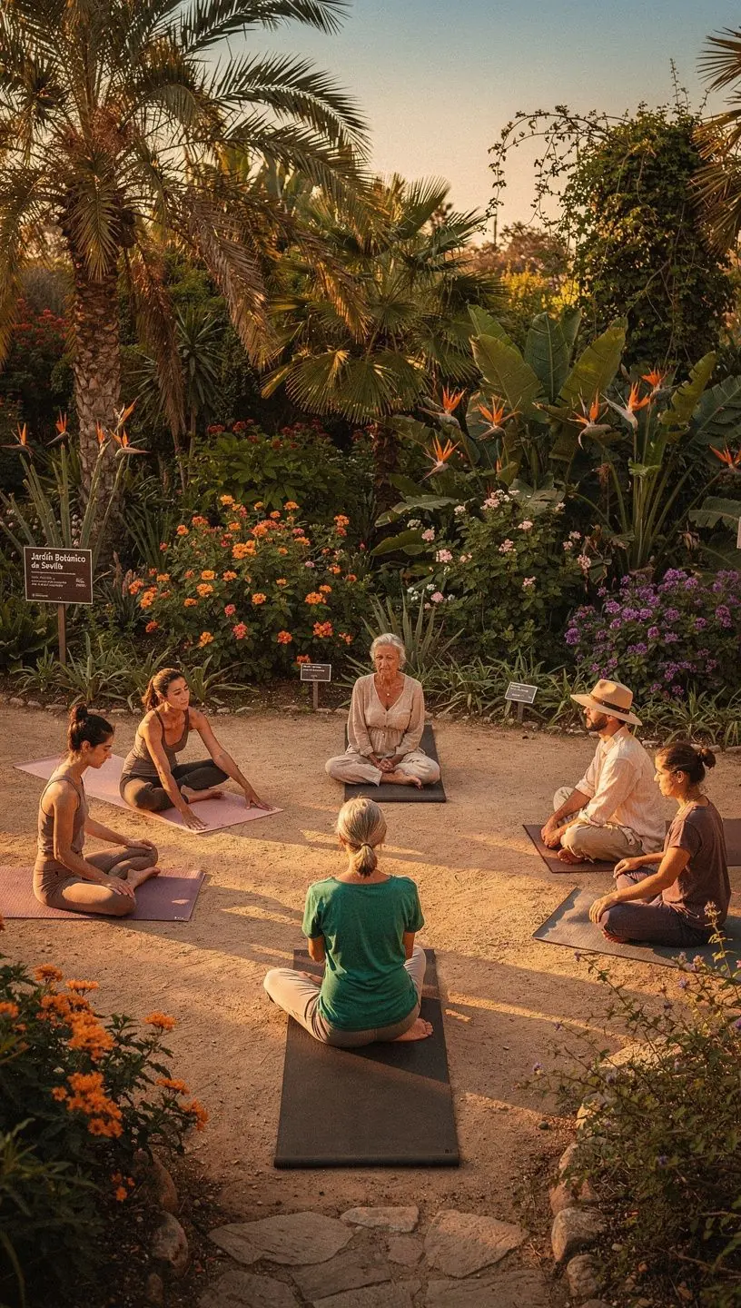 Clase de yoga en un jardín botánico con plantas exóticas alrededor.