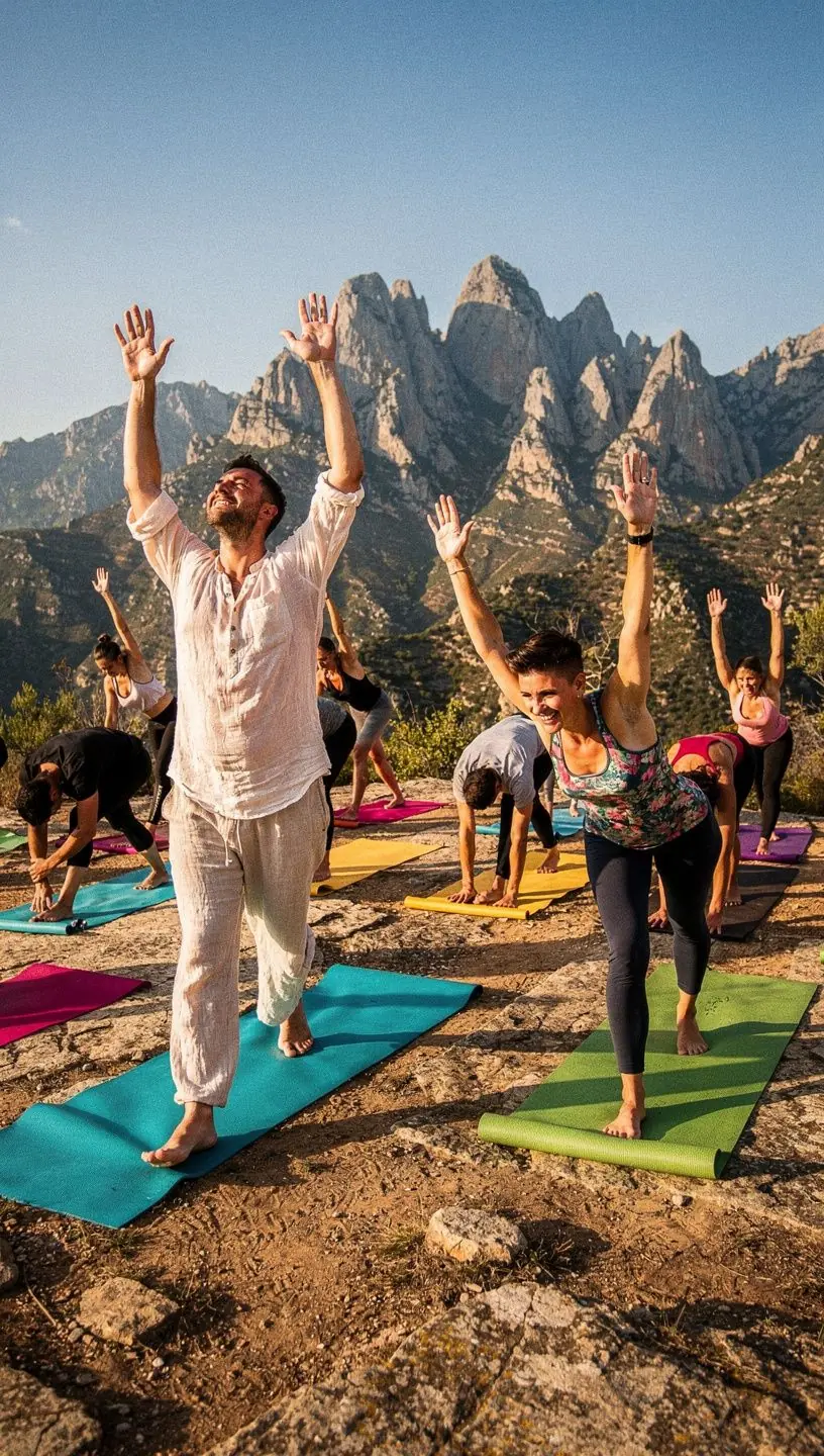 Clase de yoga en un jardín botánico con plantas exóticas alrededor.
