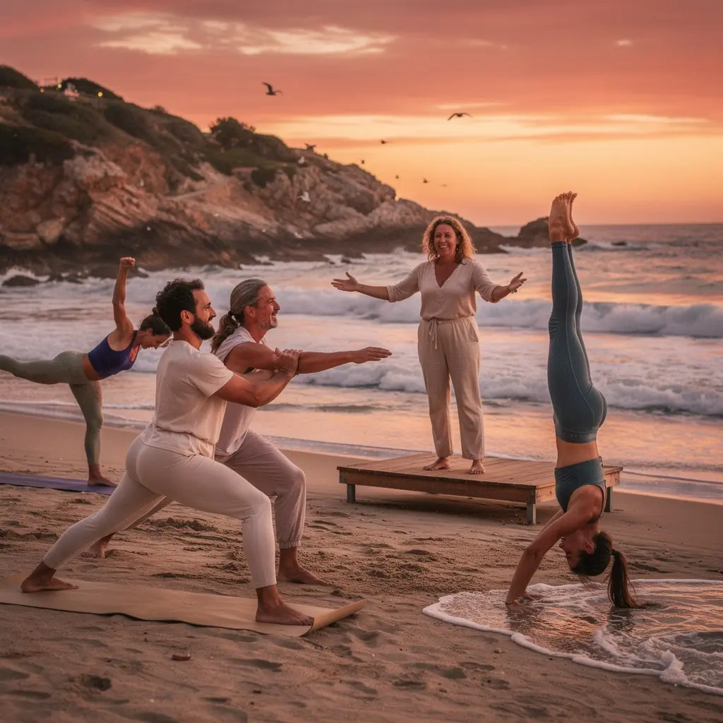 Clase de yoga al aire libre en un parque rodeado de árboles y flores.