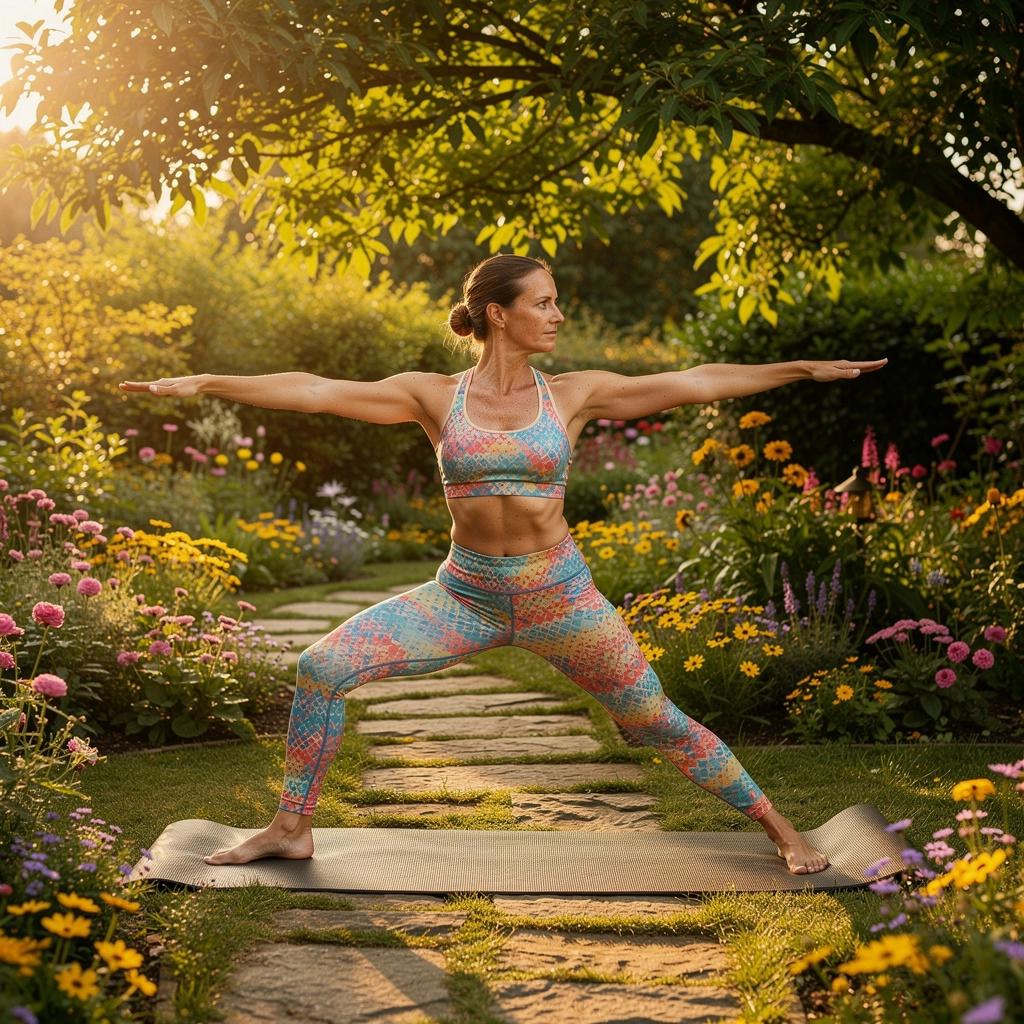 Instructor de yoga guiando una sesión en un jardín tranquilo y soleado.