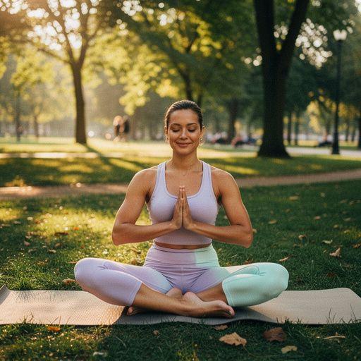 Sesión de meditación al aire libre con vista a un lago sereno.